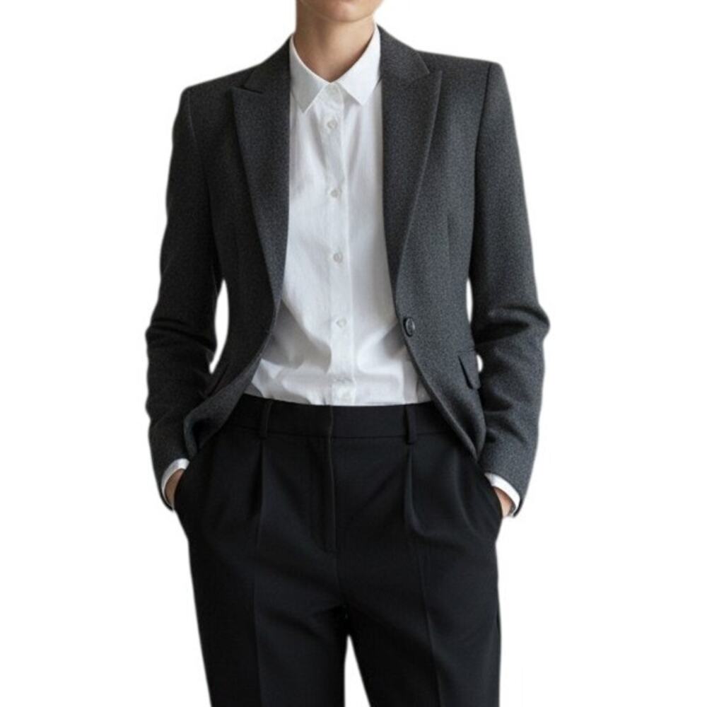 Vintage 90s Charcoal Grey Wool Single Button Blazer Fitted Medium